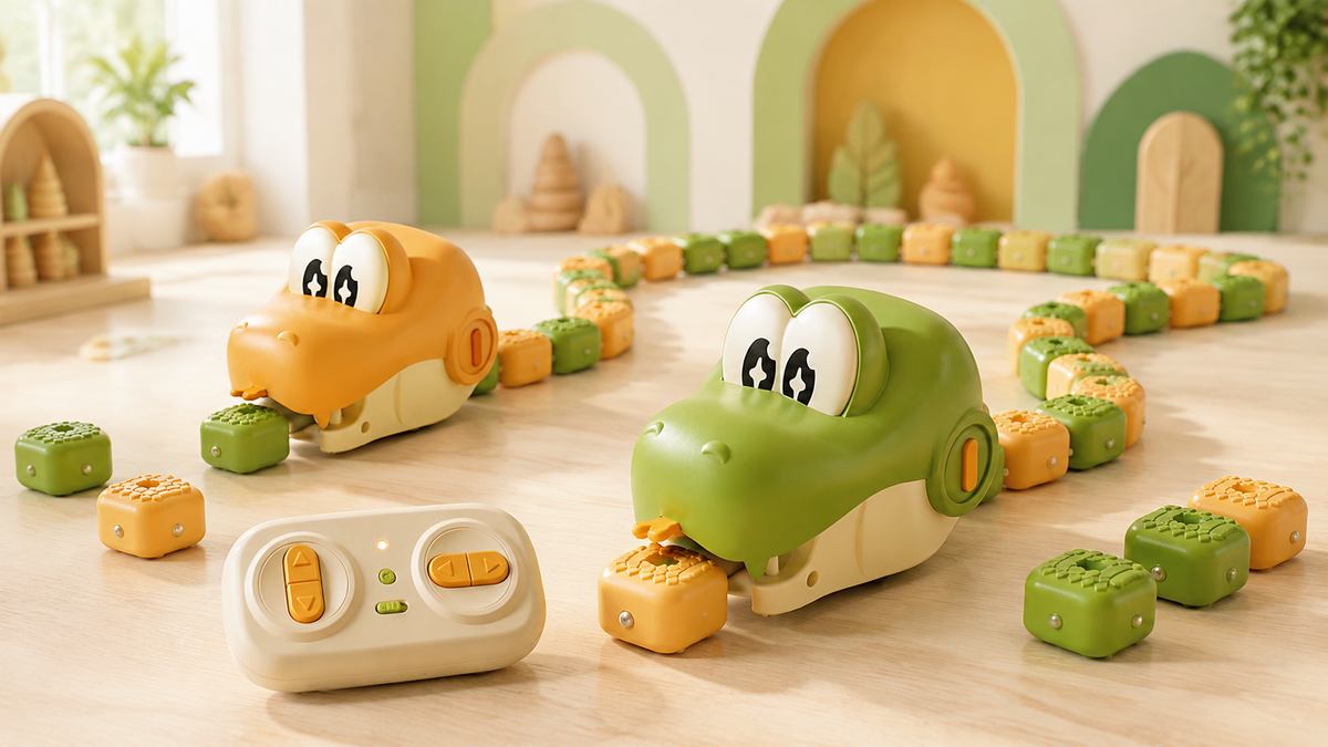Green and orange SnappySnake remote-control snake toys with magnetic food blocks ready for a family game