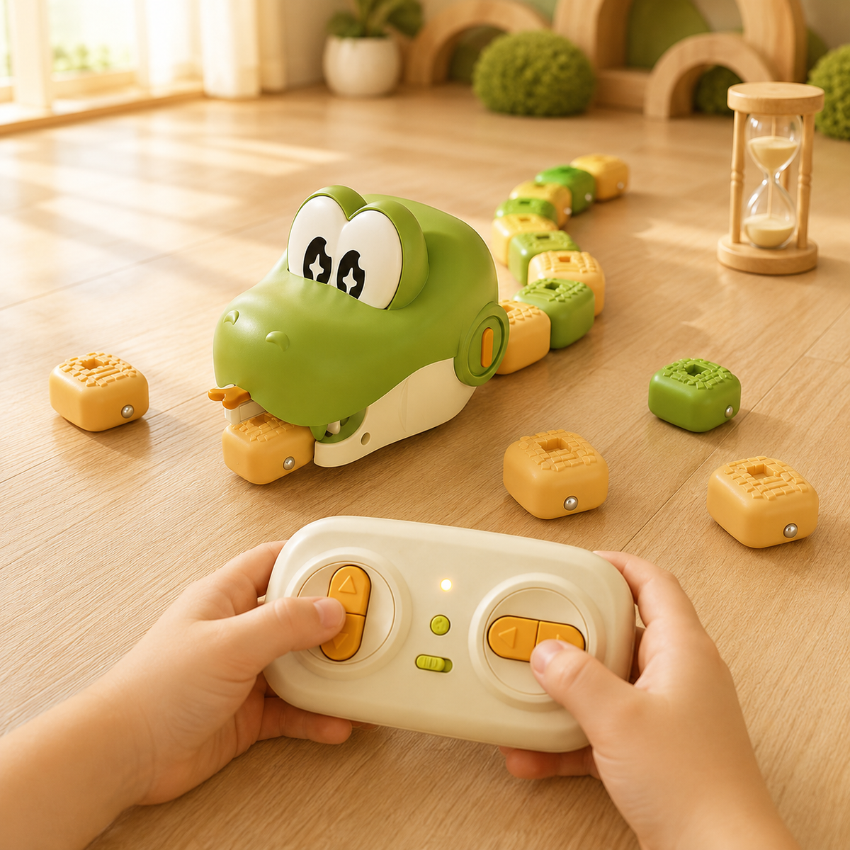 Hands using a remote to steer a green SnappySnake toy toward magnetic food blocks in a timed game