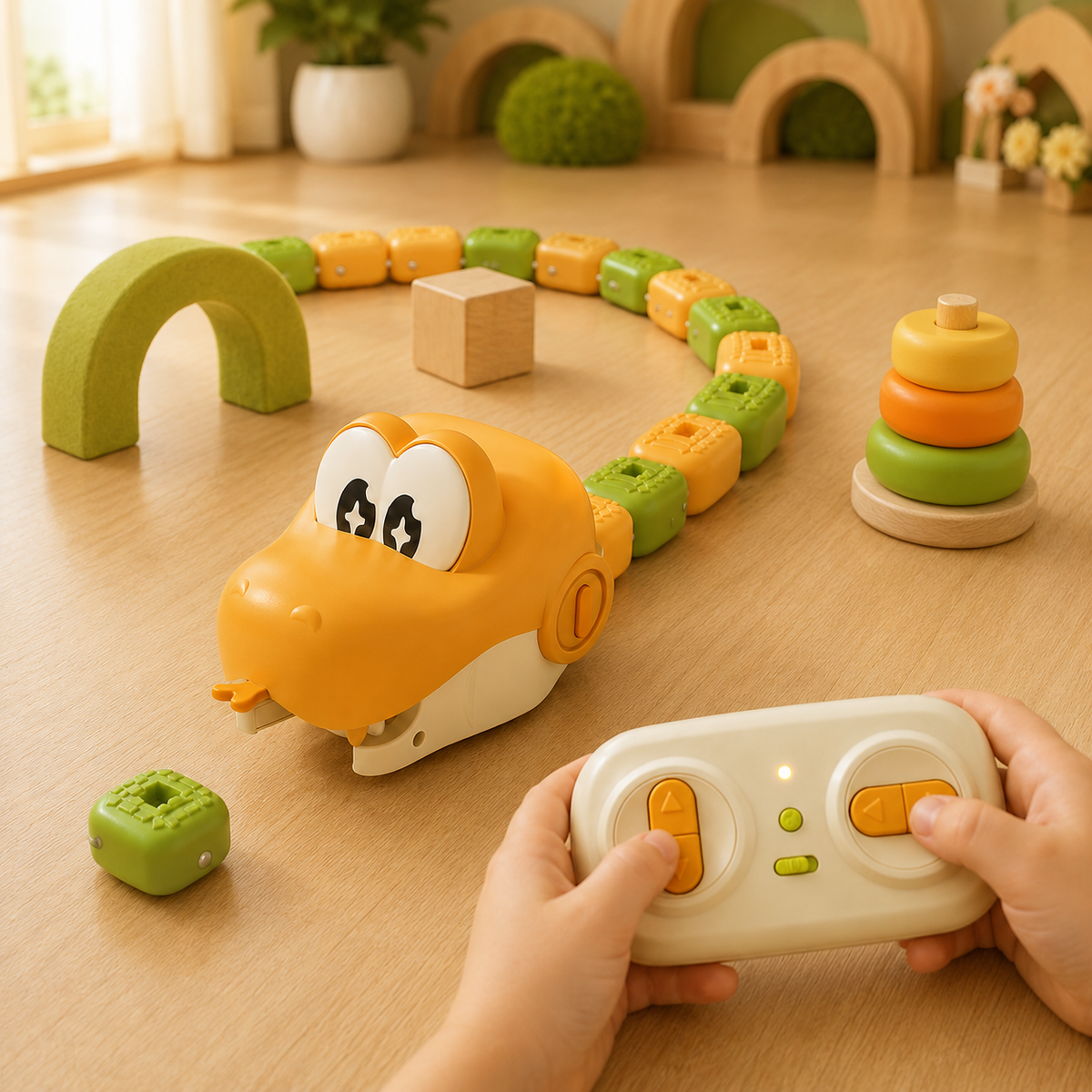 Orange SnappySnake remote-control toy weaving around wooden blocks and stacking toys in an obstacle course