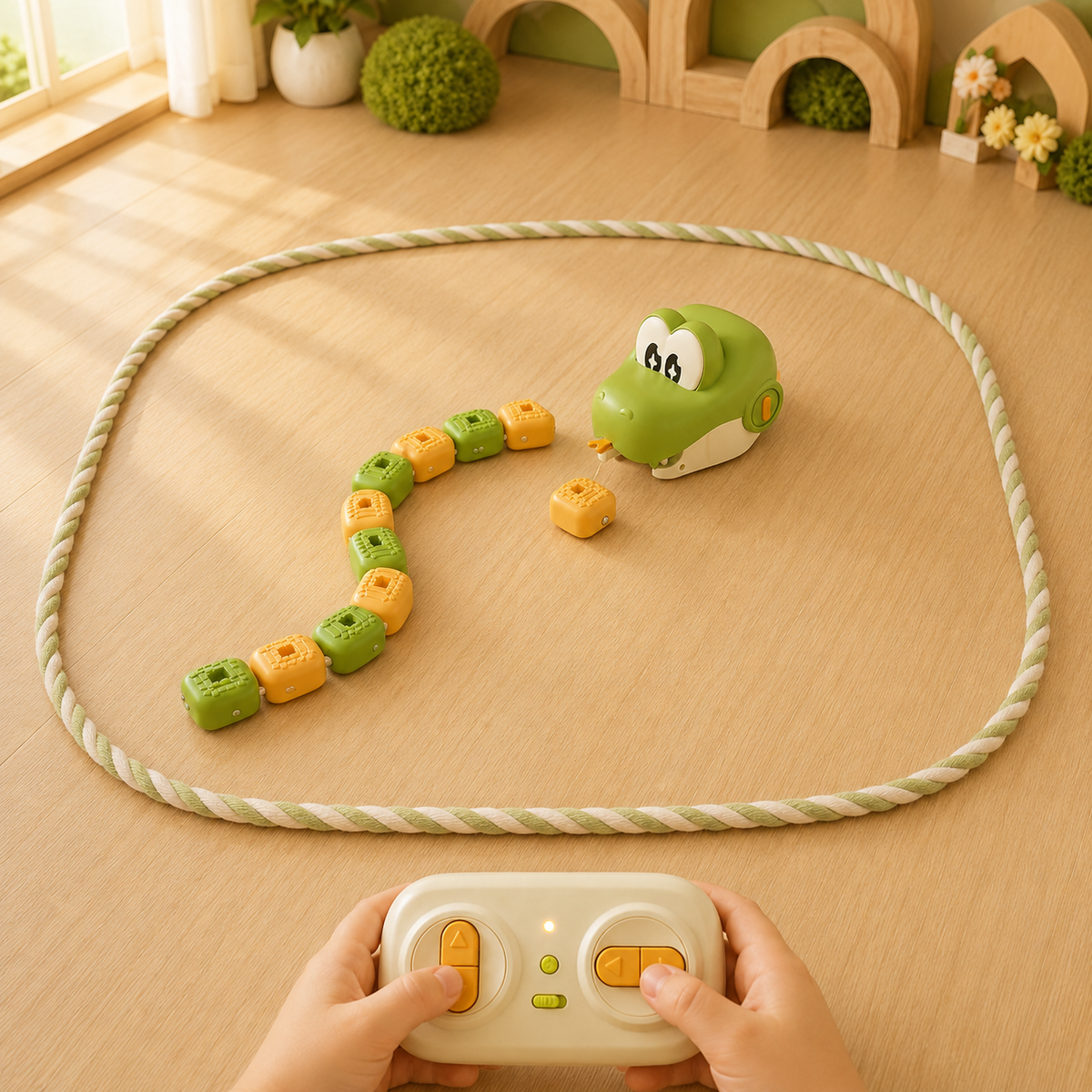 Green SnappySnake toy and magnetic tail blocks inside a rope play zone on a wooden floor