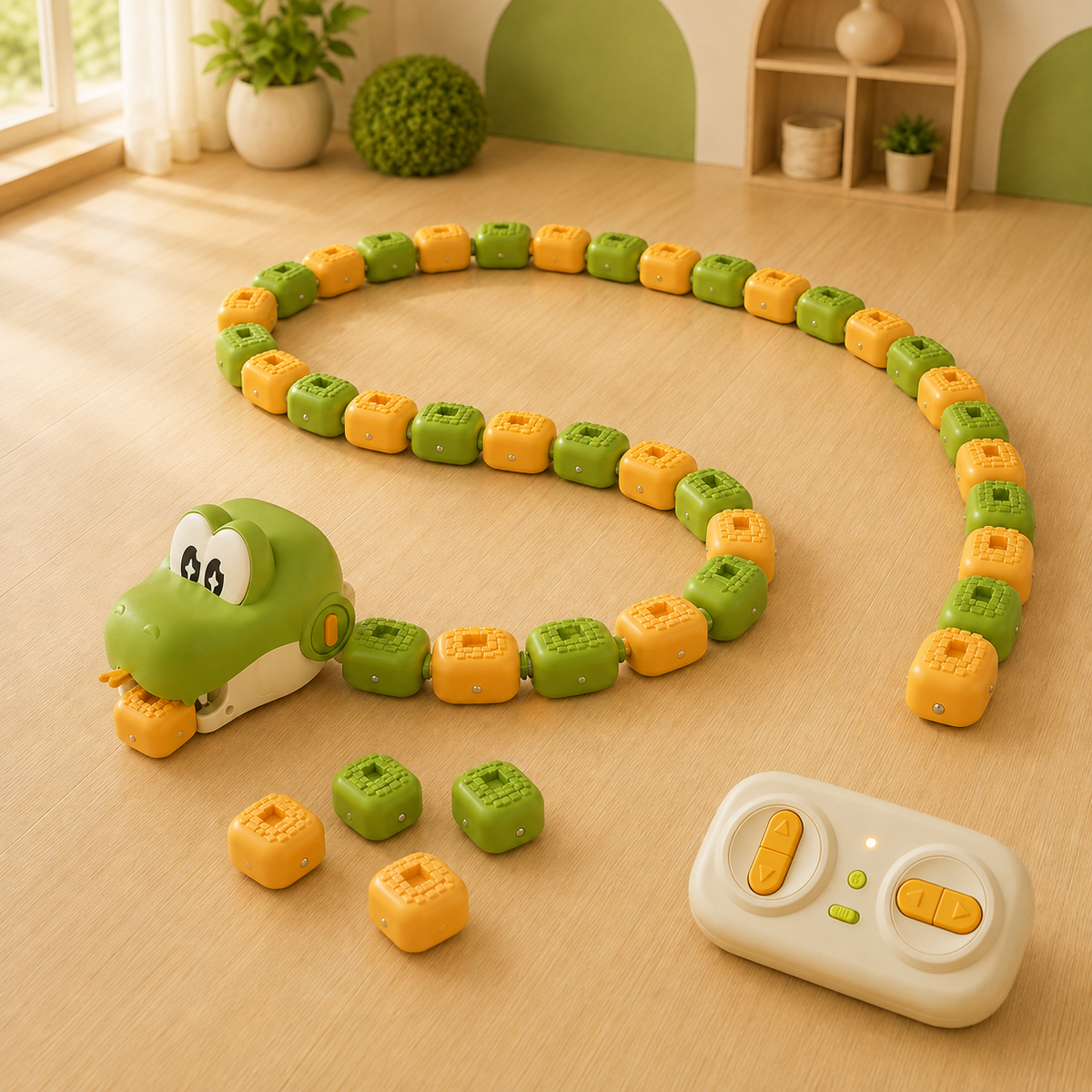 Long chain of green and orange SnappySnake magnetic tail blocks arranged on a wooden floor with remote control