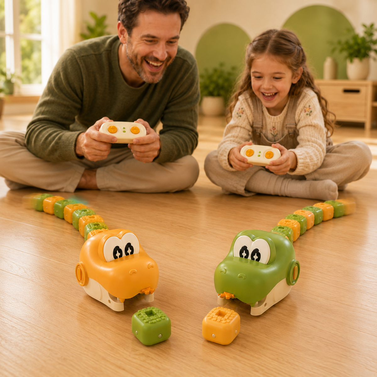Adult and child using remote controls to race two SnappySnake toys in a head-to-head game