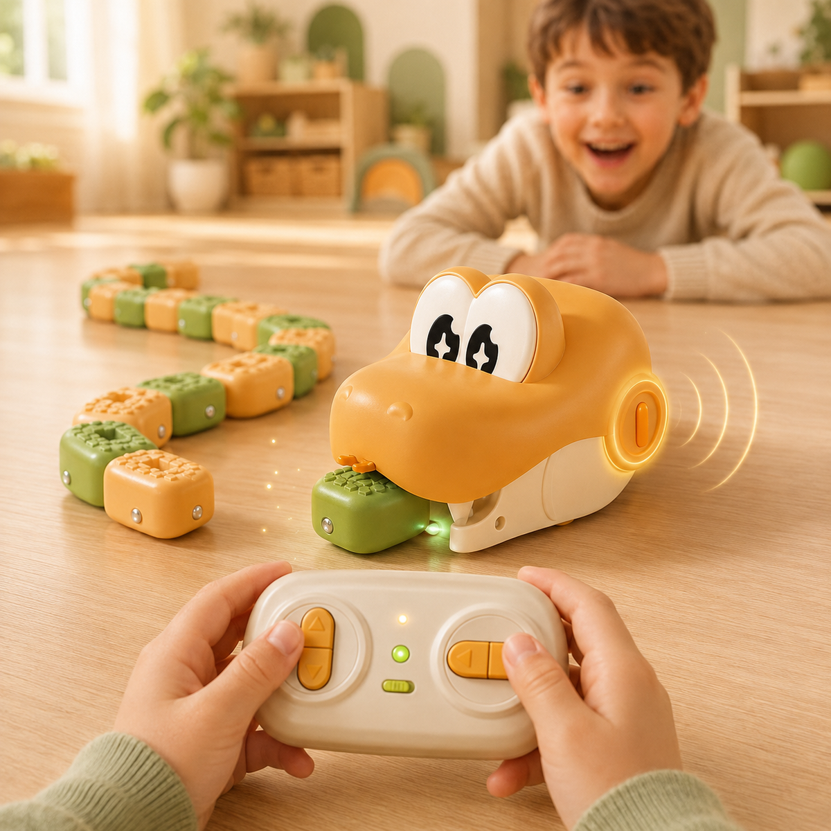 Child playing with an orange SnappySnake remote-control toy as lights and sound effects celebrate a successful chomp