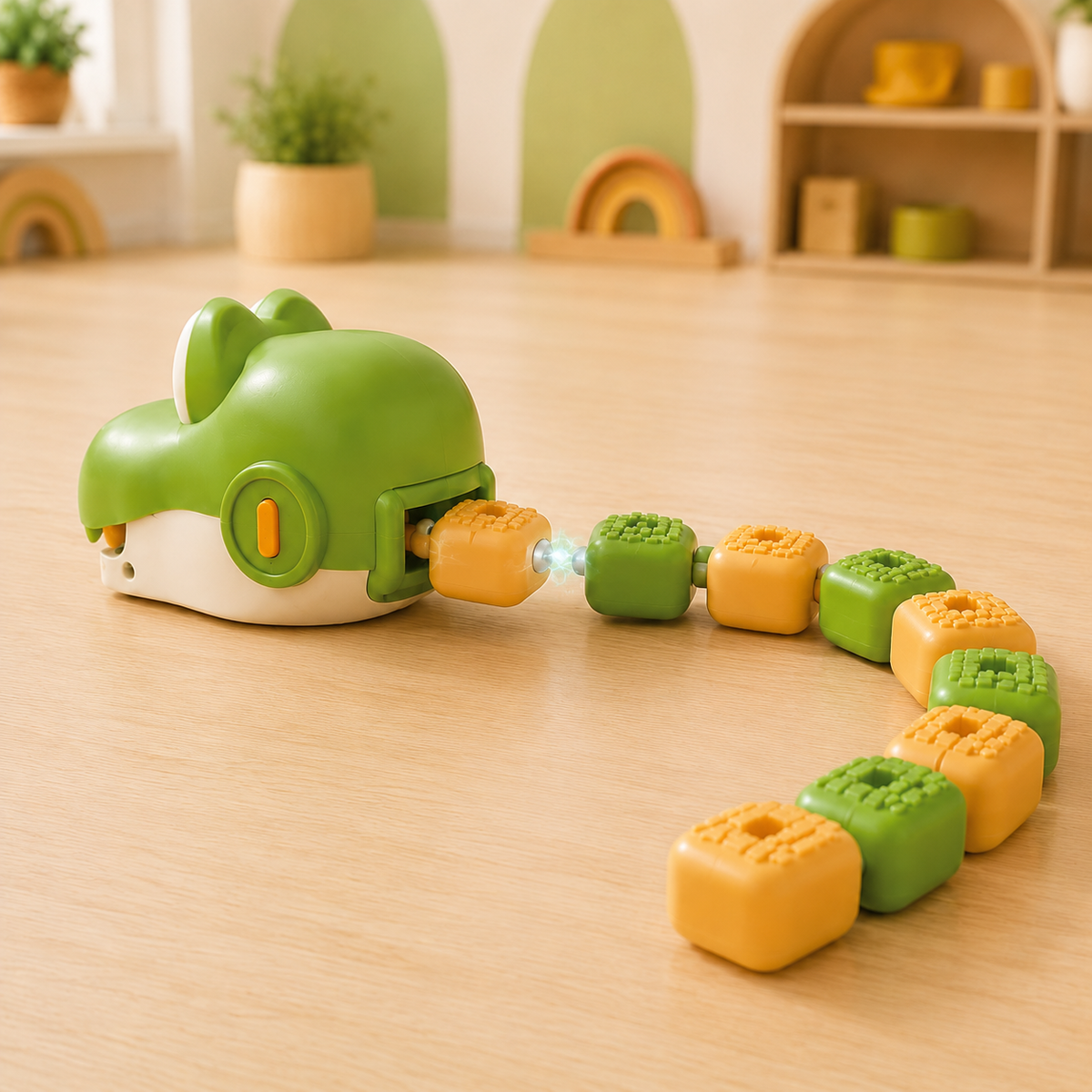 Magnetic food blocks automatically attaching to the back of the SnappySnake growing tail