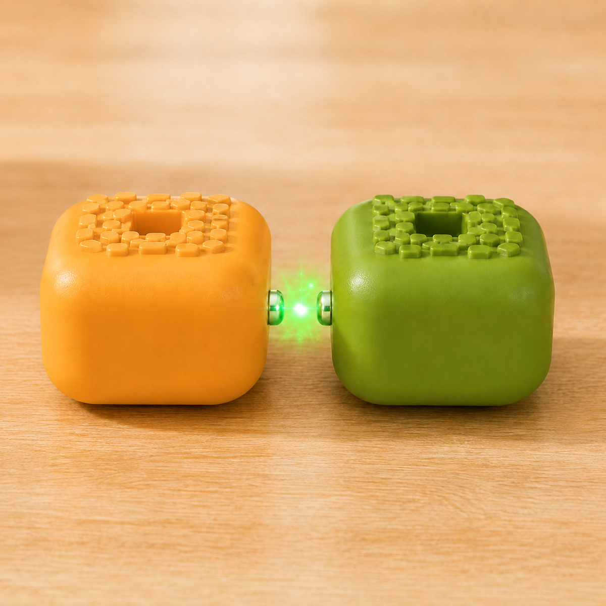Orange and green SnappySnake magnetic food blocks snapping together on a wooden table