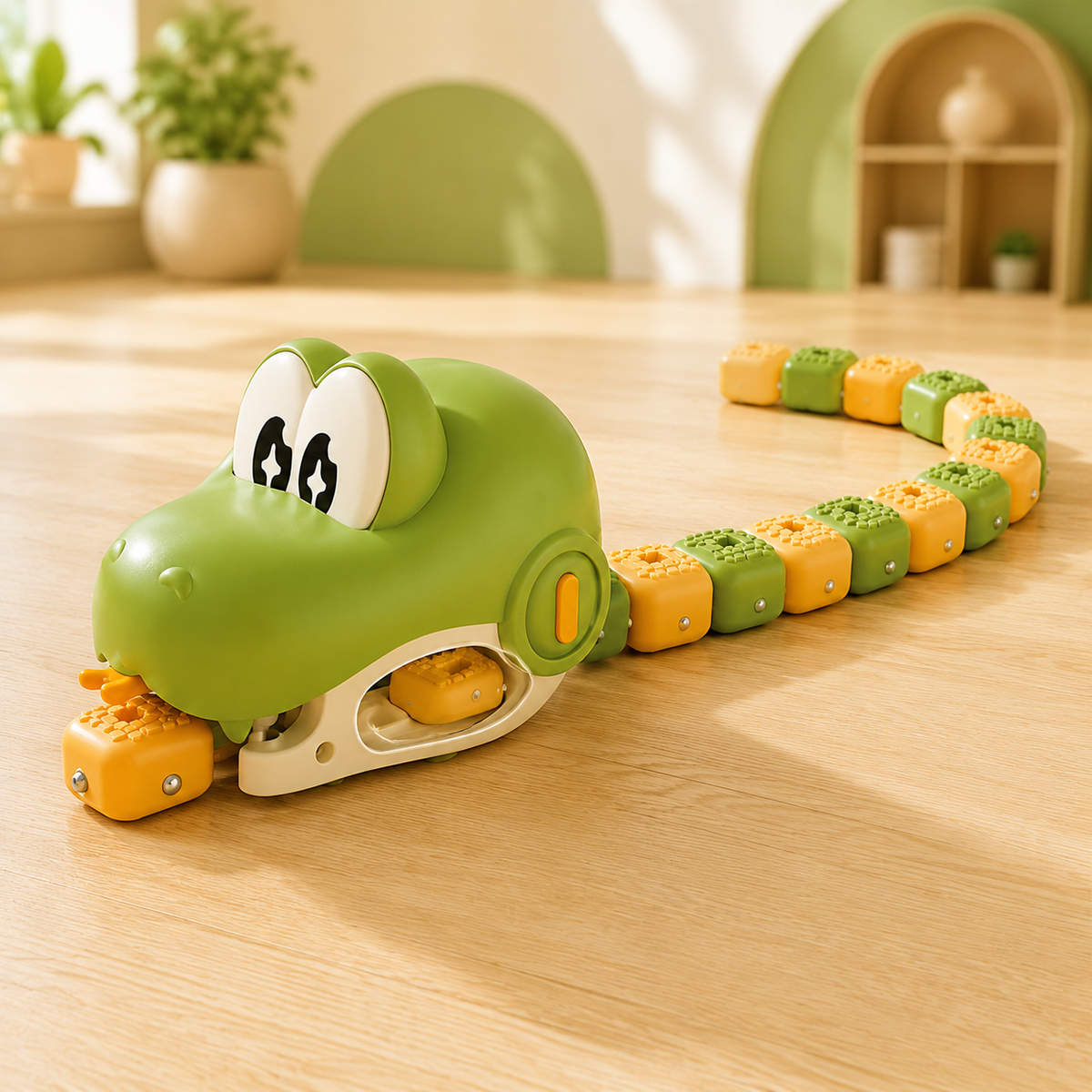 Green SnappySnake remote-control toy eating an orange magnetic food block with a growing green and orange tail