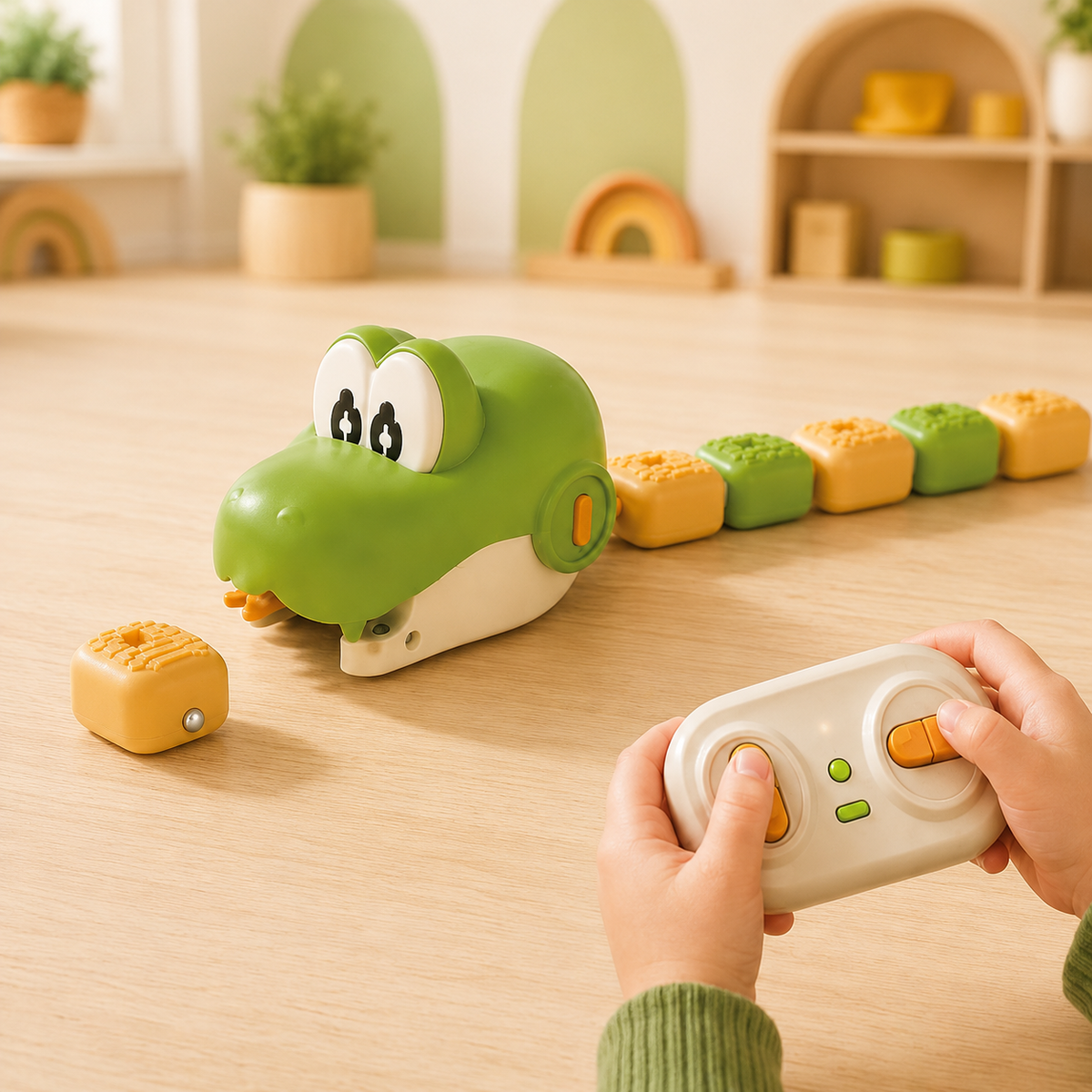 SnappySnake remote control toy aiming at a magnetic food block on a wooden table