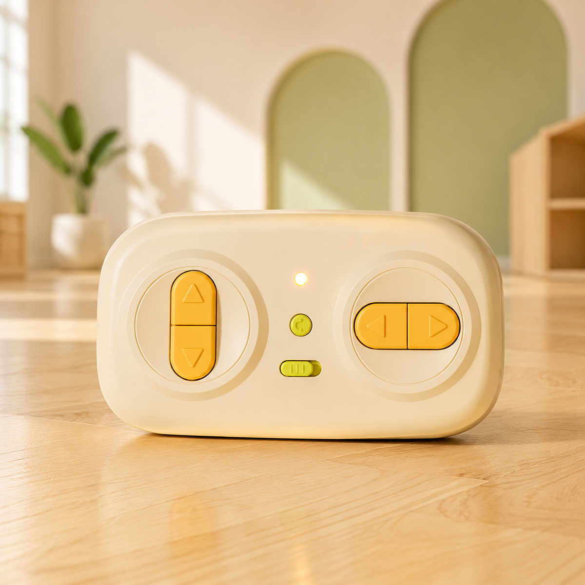 Cream SnappySnake remote control with directional buttons on a wooden tabletop